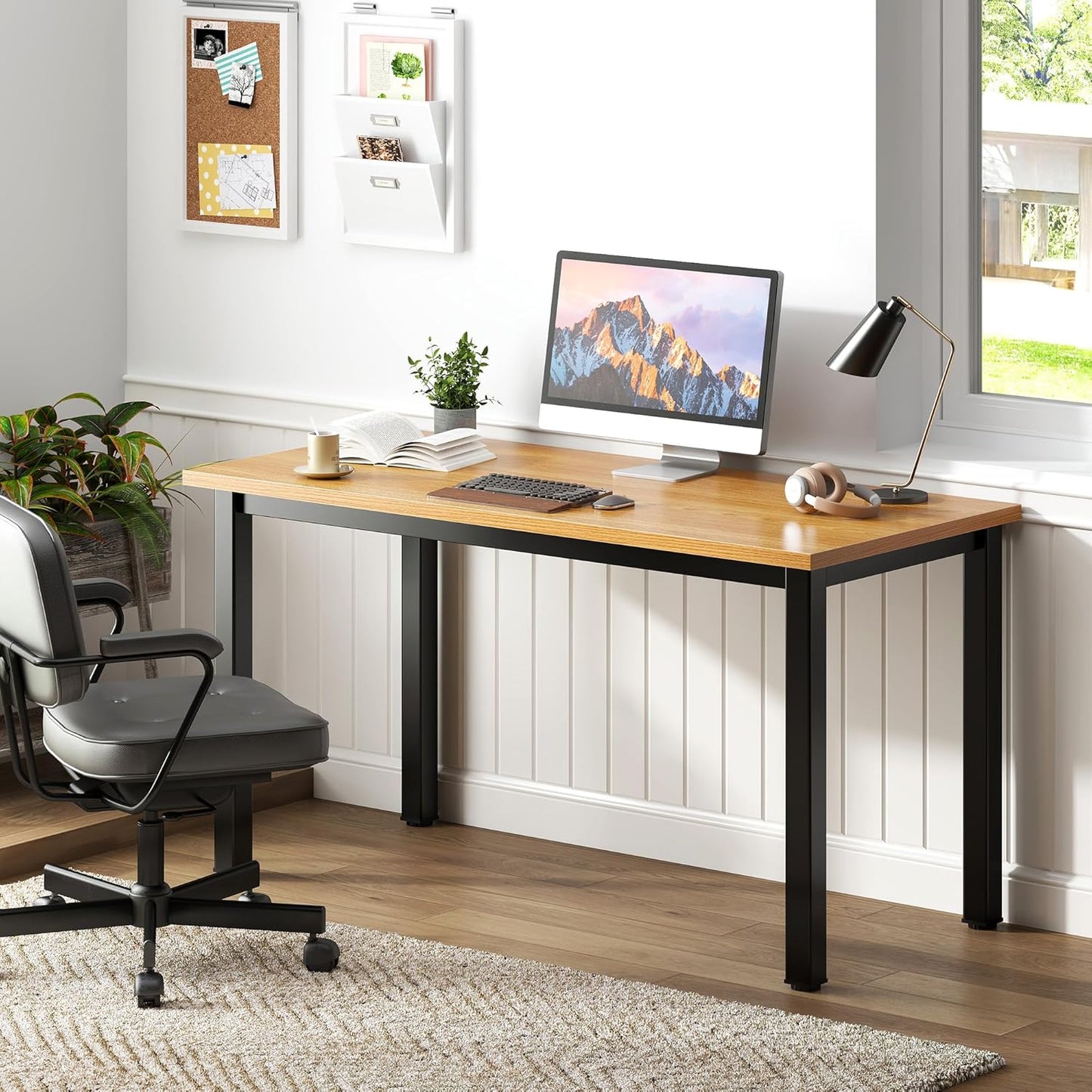 Need Computer Desk, 47 inch Home Office Desk, Modern Simple Style Home Office Gaming Desk, Basic Writing Table for Study Student, Black Metal Frame, Teak