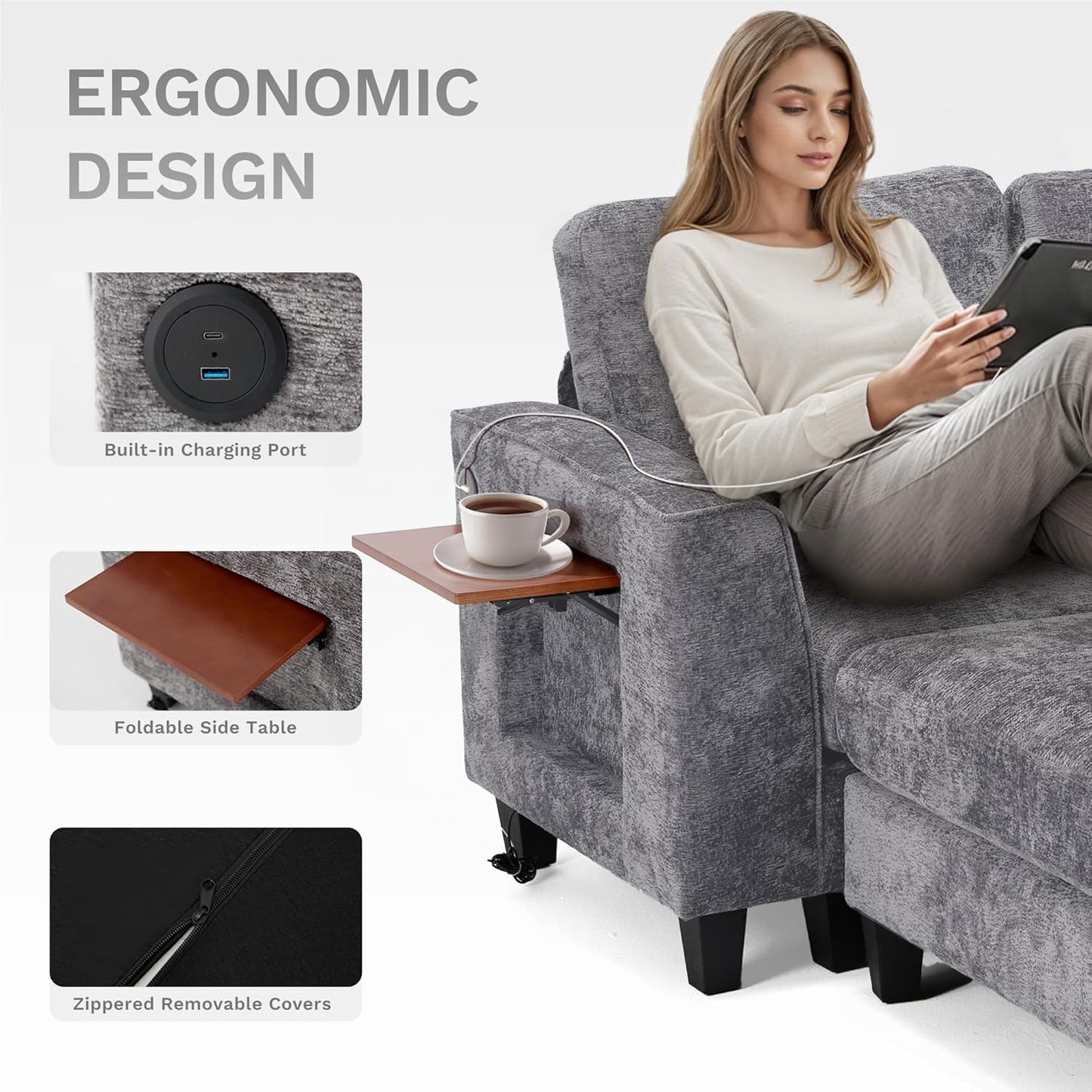 COLAMY 118" U-Shaped Sectional Couch, 4-Seat Modular Sofa with 2 Ottomans and Foldable Side Table, Grey for Living Room