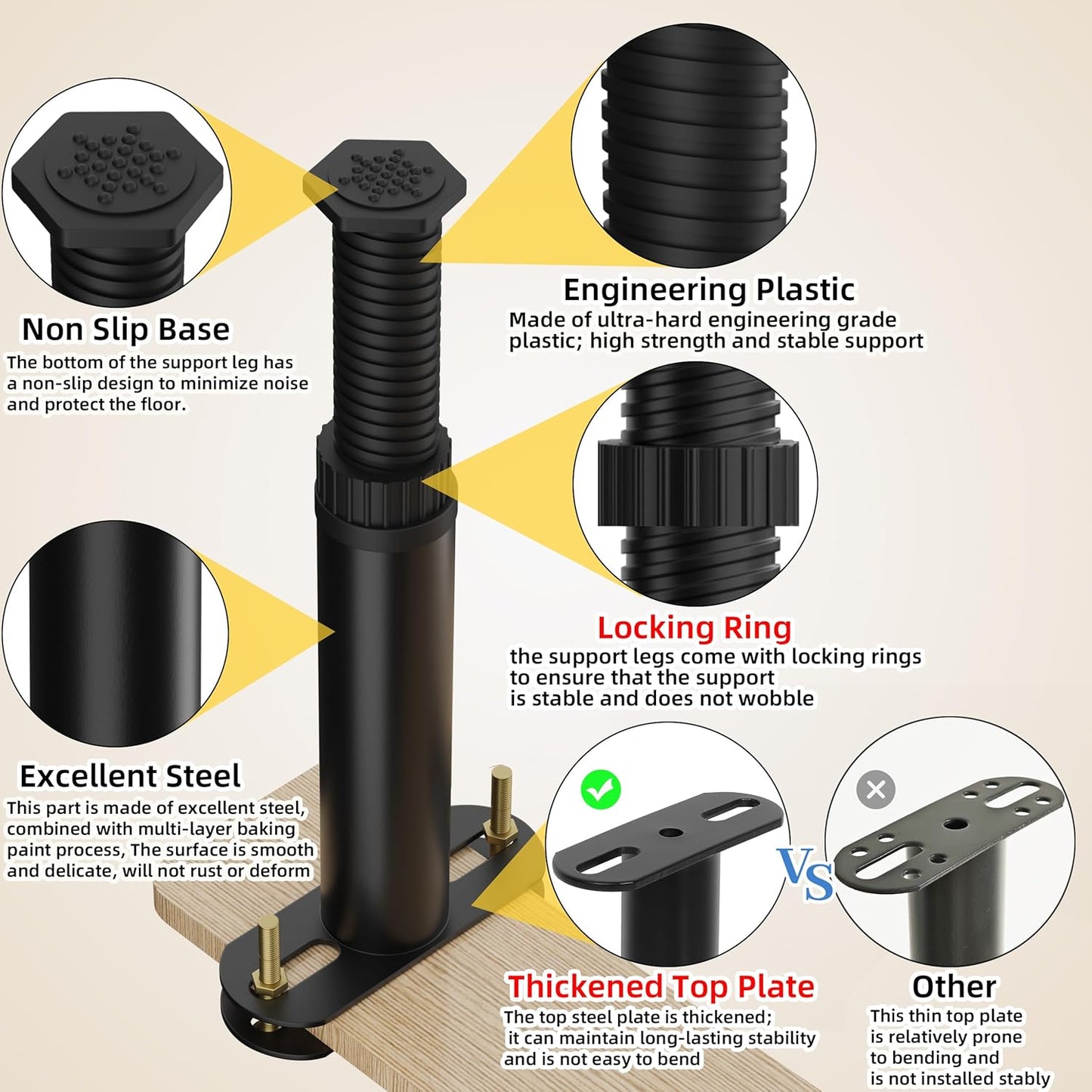 4 Pcs Adjustable Height Bed Support Legs 7.08-12.6 inch with Locking Ring, Bed Frame Center Support Legs for Bed Frame/Bed Center Slat/Furniture, Bed Replacement Legs Bed Slats Support Legs