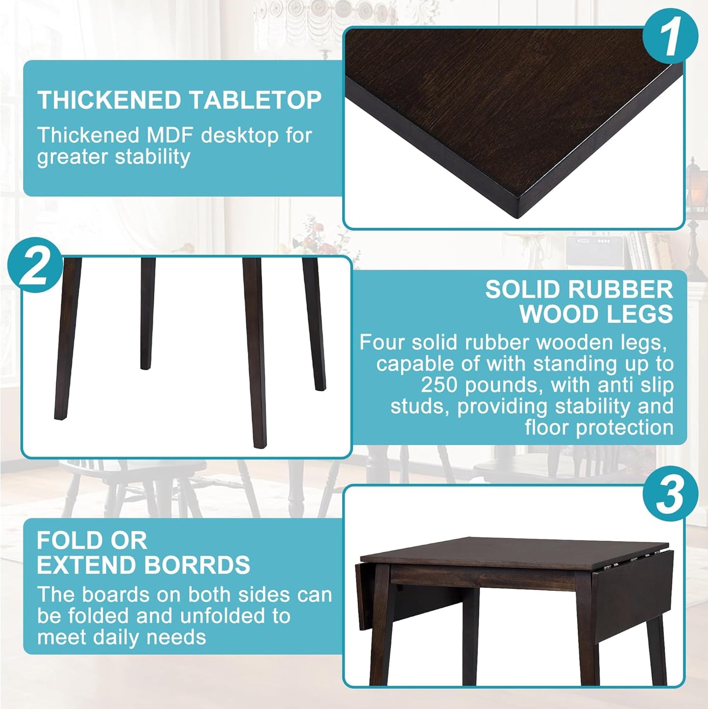 29"- 45" Extendable Dining Table for 2-4, Folding Square Dinner Table Small Kitchen Dining Room Tables with Wood Legs for Small Space, Kitchen, Living Room, Espresso