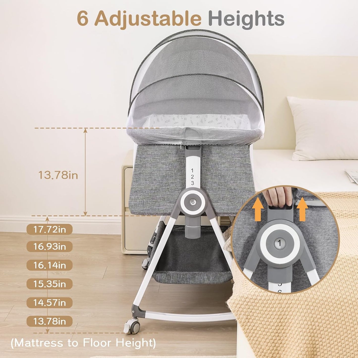 Baby Bassinet, Bedside Bassinet for Baby, 4 in 1 Bassinet Bedside Sleeper with Locked Wheels, Mosquito Net, Adjustable Easy Folding Portable Crib for Infant Newborn, Grey