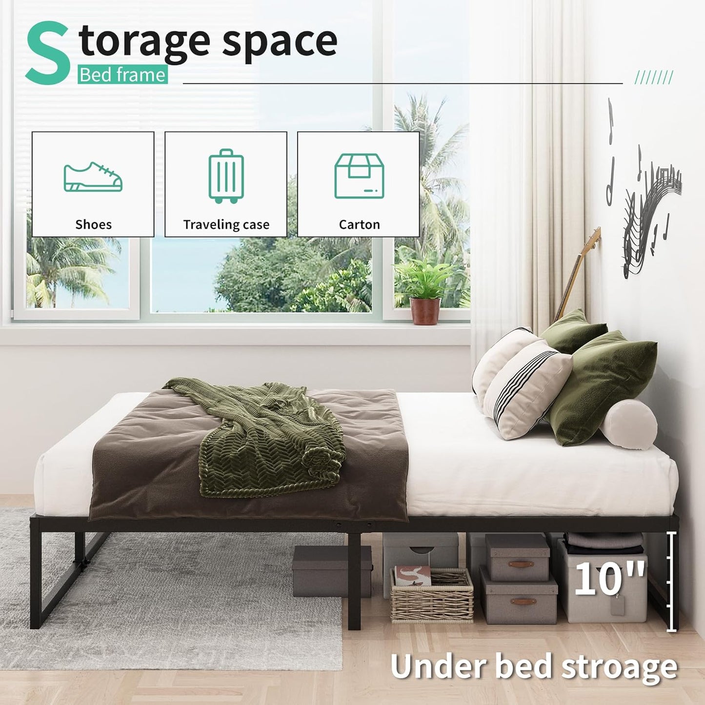 12 Inch Bed Frame Queen Size Heavy Duty Steel Slat Support Metal Platform Queen Bed Frame No Box Spring Needed, Easy Assembly, Black