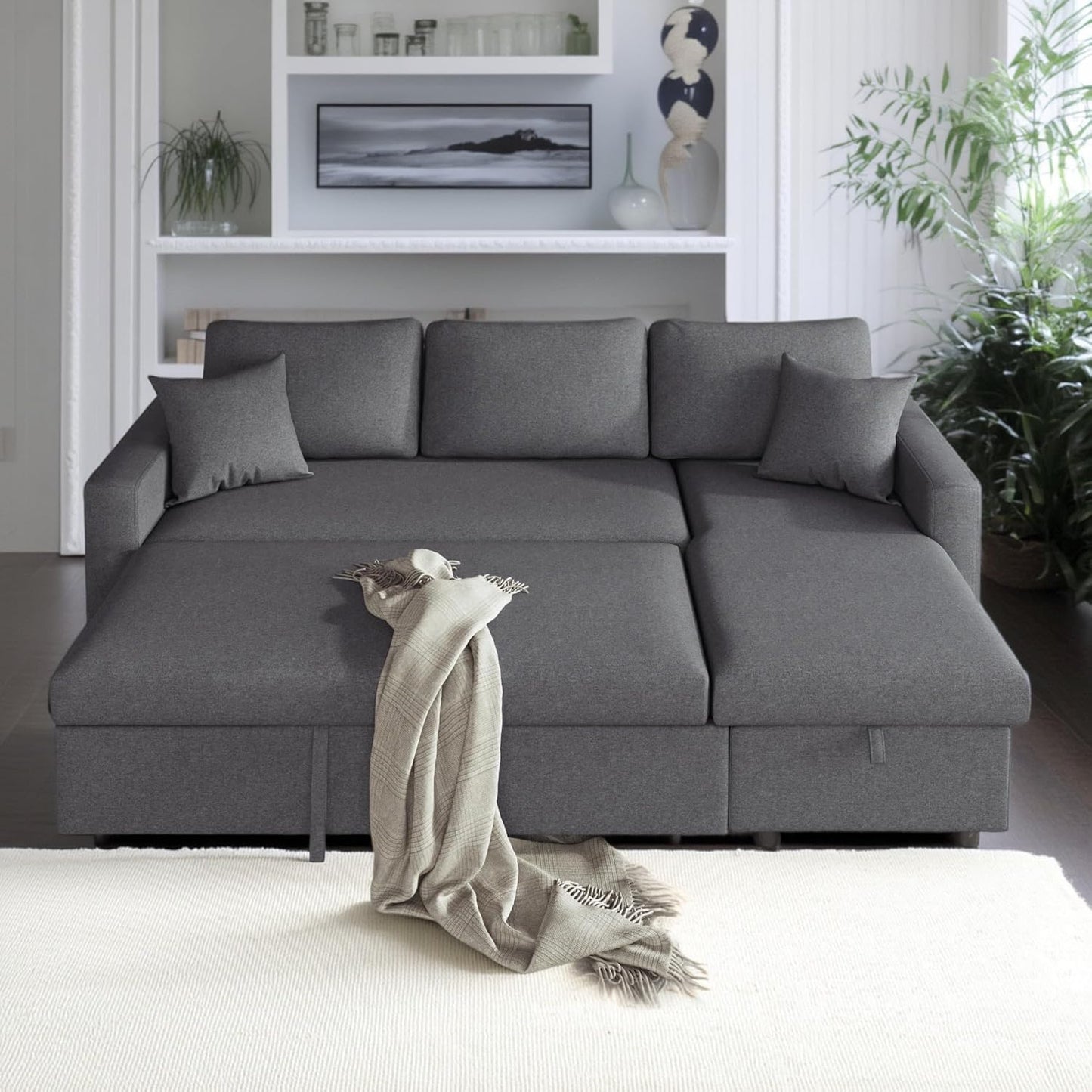 87.4 Inch L Shape Sleeper Sectional Sofa with Storage Chaise, Pull Out Bed and 2 Tossing Cushions, Upholstered Corner Couch for Living Room, Apartment, Home Furniture, Gray