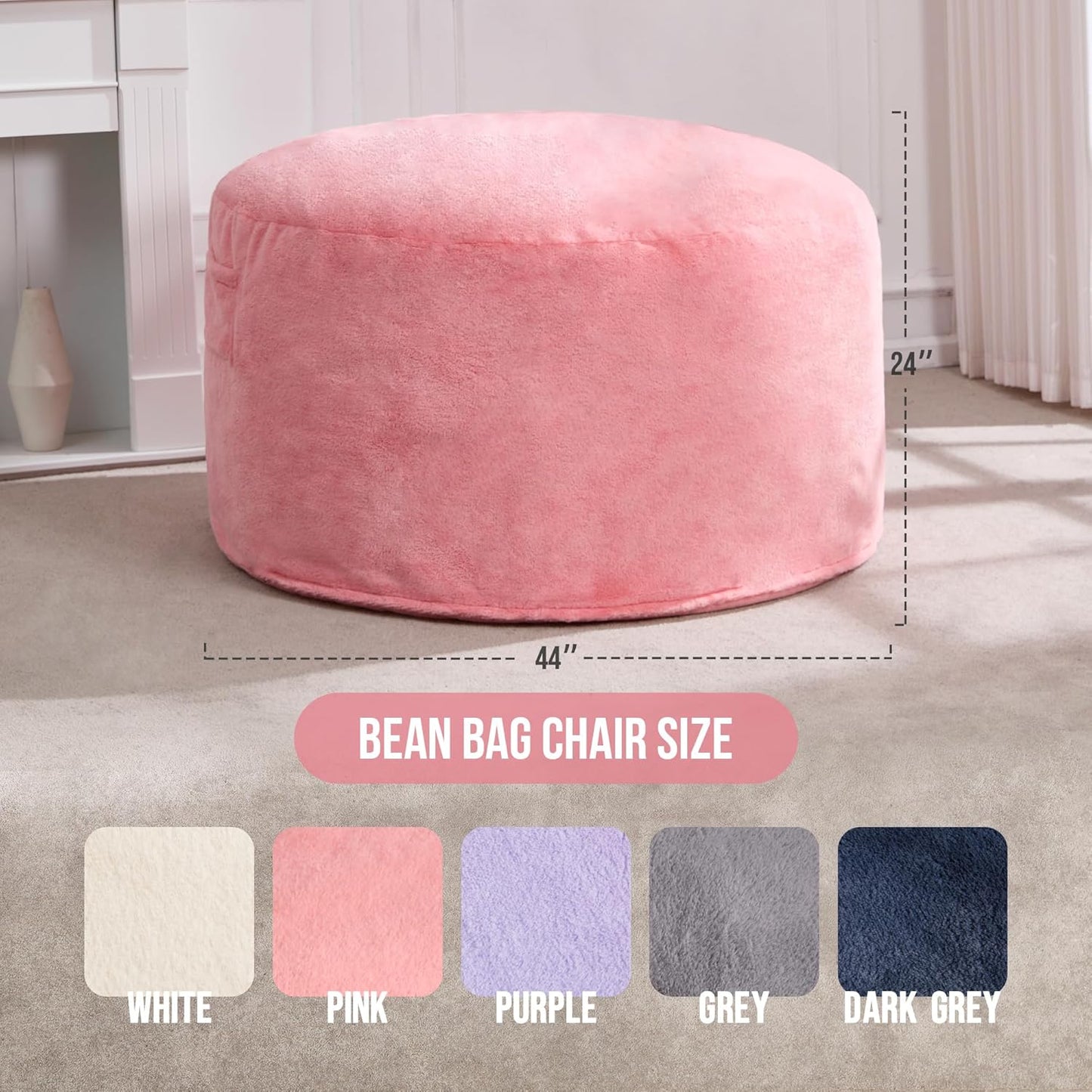 Hobestluk 4ft Bean Bag Chairs for Adults Large Beanbag Chair with Plush Faux Fur Cover Big Bean Bag Chair for Living Room Bedroom Dorm Office -Pink (44” x 44” x 24”)