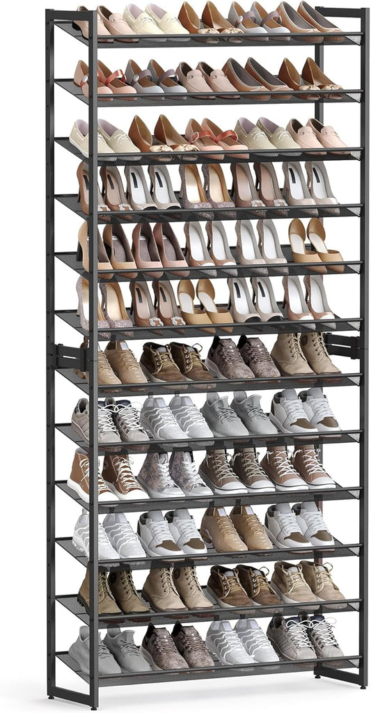 SONGMICS Shoe Rack, 12-Tier Shoe Organizer, Metal Shoe Storage for Garage, Entryway, Set of 2 6-Tier Stackable Shoe Shelf, with Adjustable Flat or Angled Shelves, Holds 48-60 Pairs, Black ULMR12B