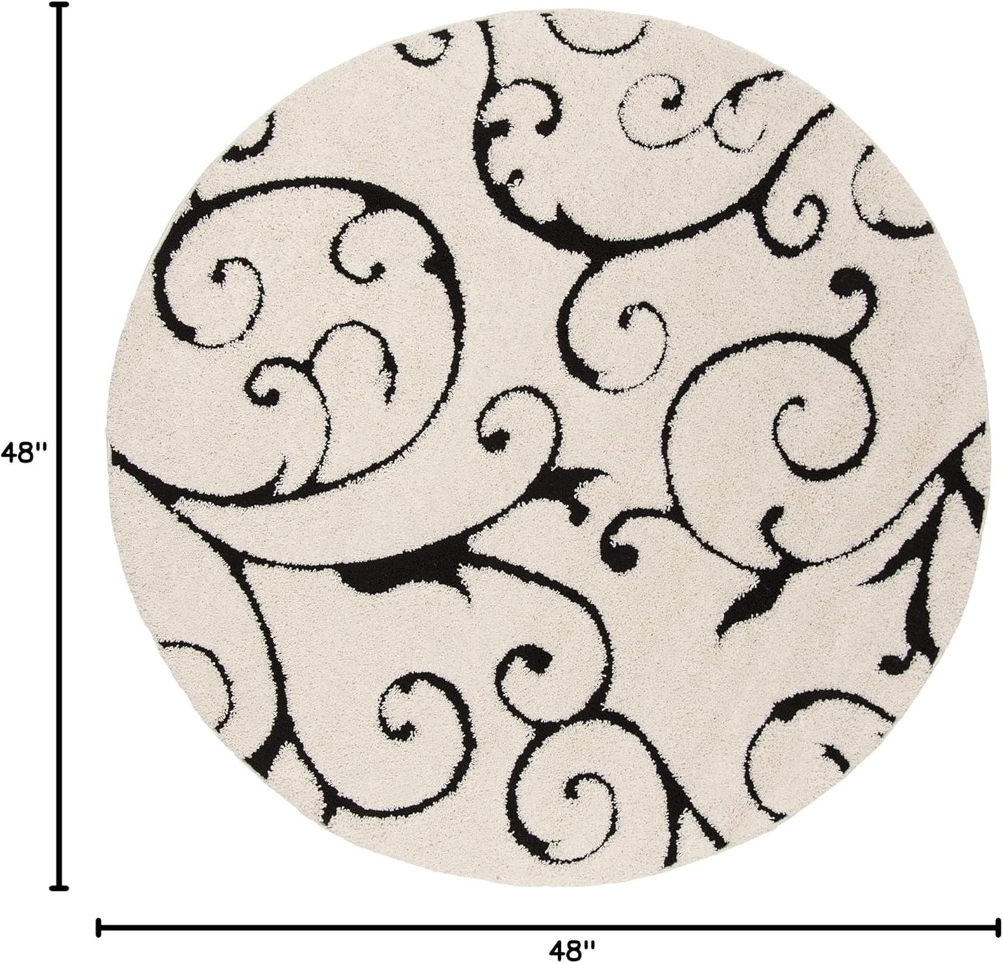 SAFAVIEH Florida Shag Collection 4' Round Ivory / Black SG455 Scrolling Vine Graceful Swirl Textured Non-Shedding Living Room Bedroom Dining Room Entryway Plush 1.2-inch Thick Area Rug