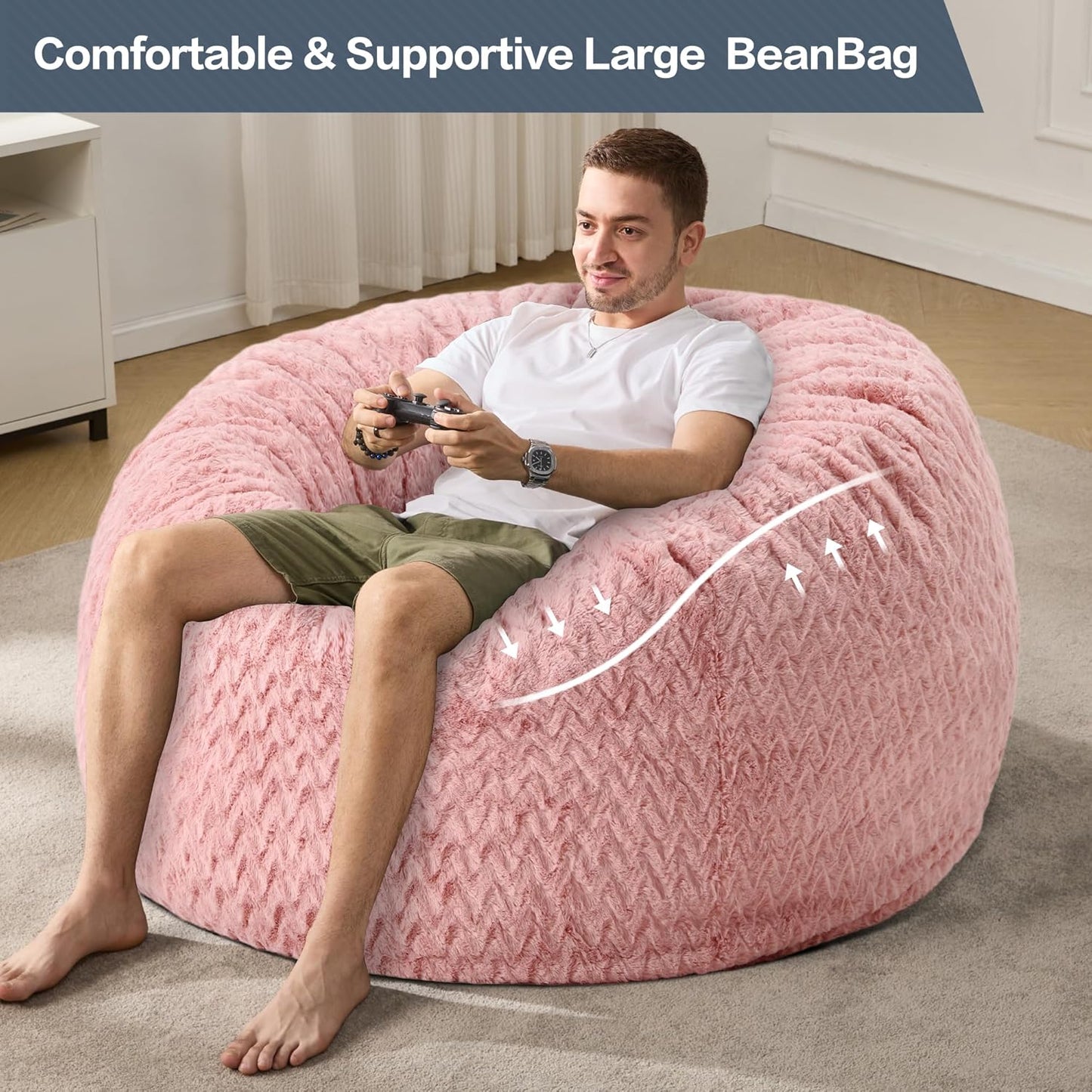 4ft Bean Bag Chairs for Adults Large Beanbag Chair with Chevron Plush Fur Cover Big Bean Bag Chair for Living Room Bedroom Dorm (Pink)