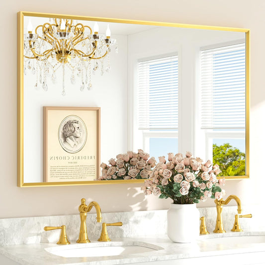 TETOTE Brushed Gold Frame Mirror for Bathroom Wall 48" x 30" Brushed Brass Beveled Rectangle Bathroom Vanity Mirror for Over Sink, Bedroom, Entryway, Living Room, Tempered Glass, Stronger Frame