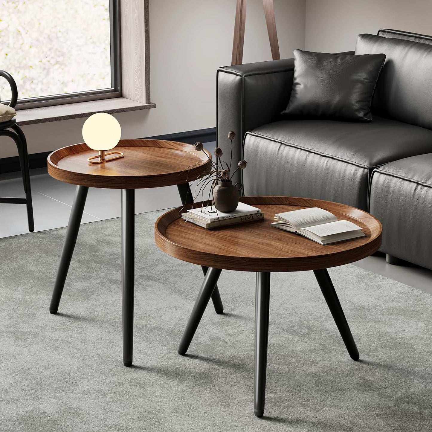 Small Round Coffee Table Set of 2, Walnut Coffee Tables for Living Room, Mid Century Modern Nesting Coffee Table, Wood Circle Center Tables, Black Wooden Side End Table, mesa de Centro para sala