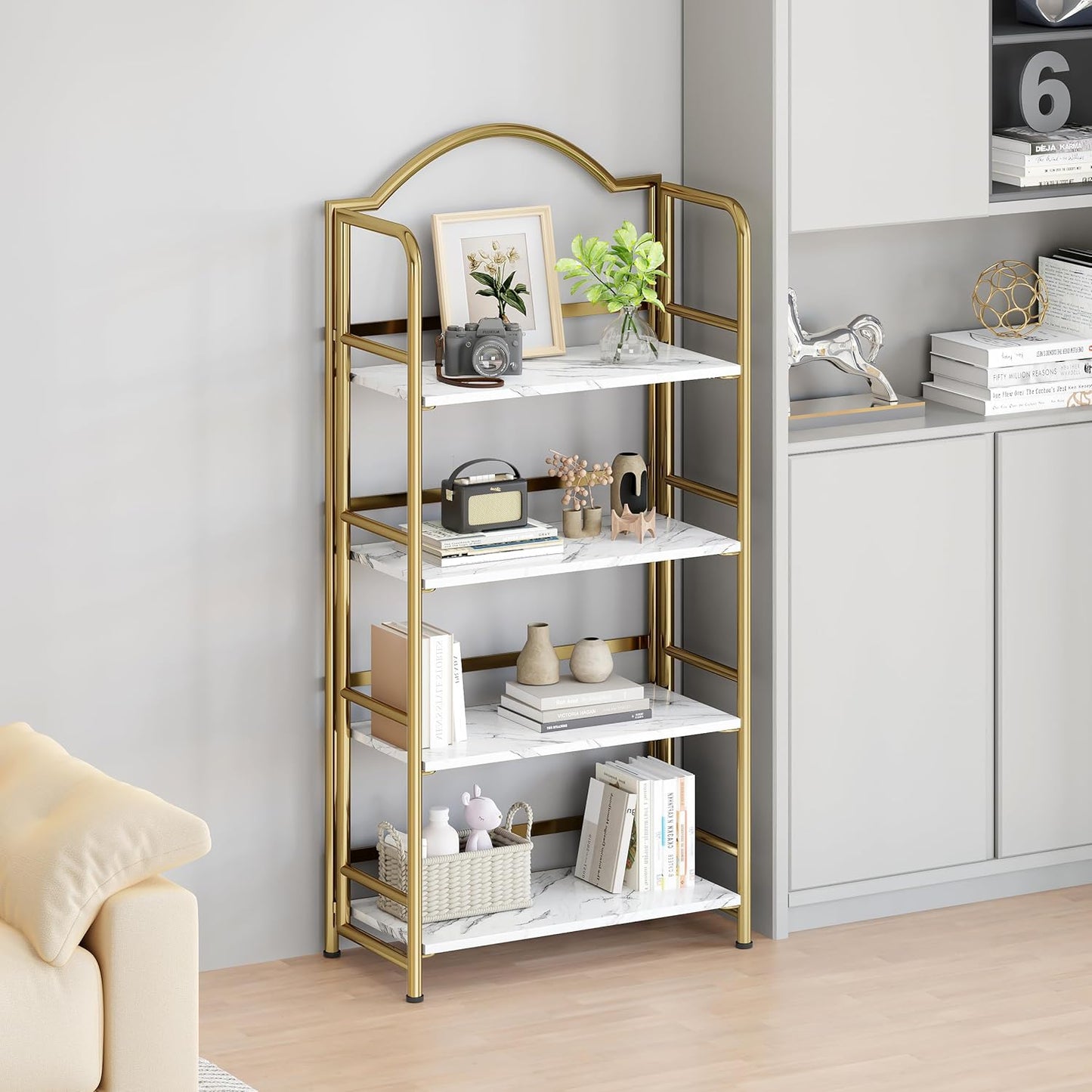 No-Assembly Gold Folding Bookshelf Storage Shelves 4 Tiers Vintage Multifunctional Plant Flower Stand Storage Rack Shelves Bookcase for Home Office