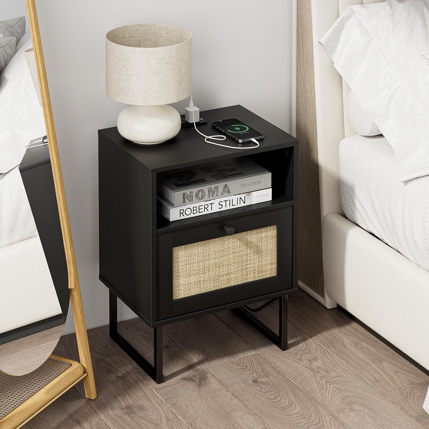 Masupu Extra Large Rattan Nightstand,Boho Night Stand Modern Farmhouse Wood Bedside Table with Storage Drawer and Open Shelf,Side End Table for Bedroom,Living Room,Black