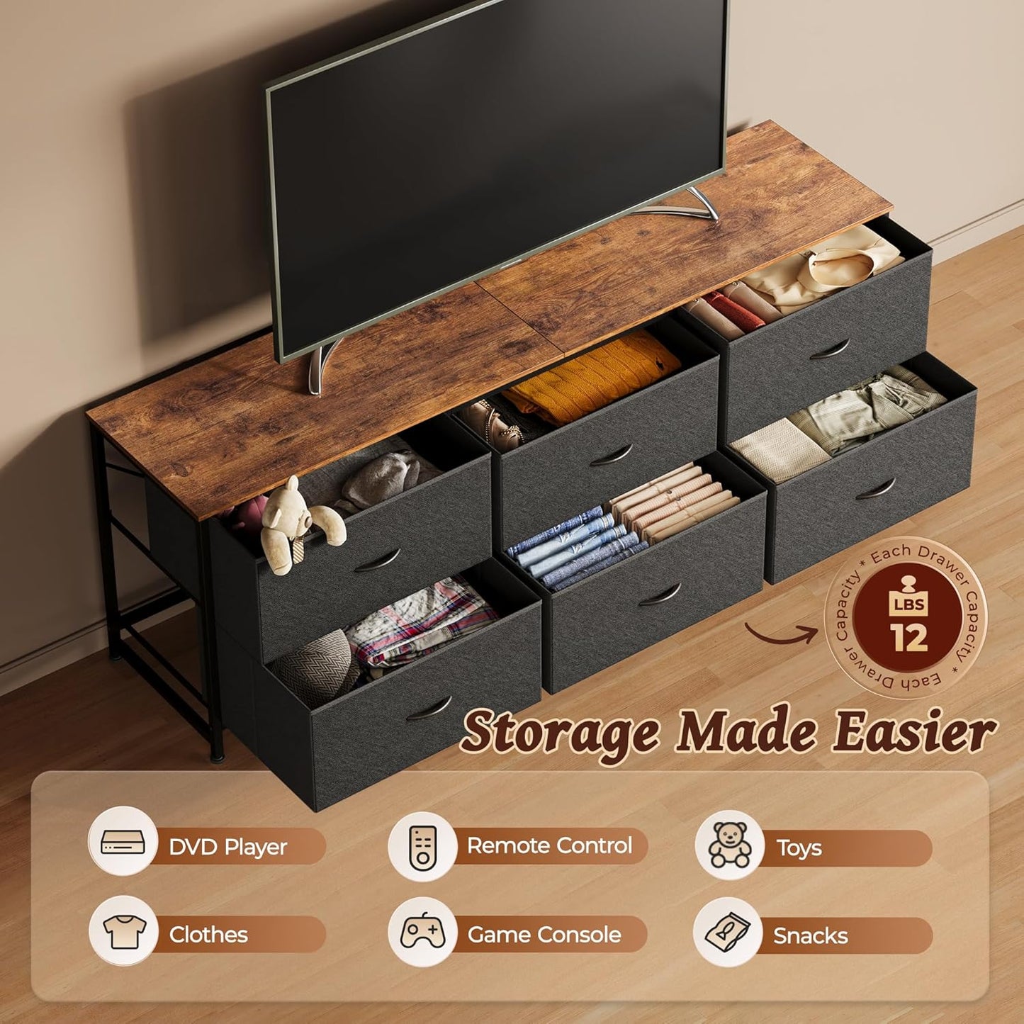 Huuger 63 Inch Long Dresser for Bedroom, Wide TV Stand for 55, 65, 70 Inch TV, 6 Drawer Dresser for Closet with Fabric Drawers, Storage Organizer for Bedroom, Entryway, Rustic Brown and Black