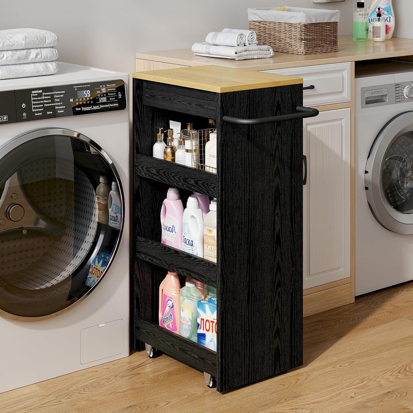 IRONCK Wood Storage Cart, 4 Tier Rolling Kitchen Cart on Wheels, Slide Out Utility Cart, Organizer Trolley with Handle, Drawer for Kitchen, Laundry, Bathroom, Black