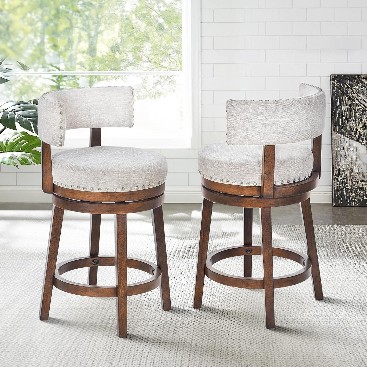 COLAMY Swivel Bar Stool Set of 2, Modern Swivel Barstool with Back, Counter Height Bar Stools, 25 Inch Upholstered Wood Barstool for Kitchen Island Dining Room Bar, Beige