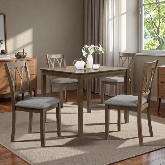 Dining Table Set, Wooden Kitchen Table Set with Square Table, 4 Vertical X Backrest Upholstered Chairs, Table and Chairs with Non-Slip Feetmats for 4 People, Living Room and Kitchen, Walnut