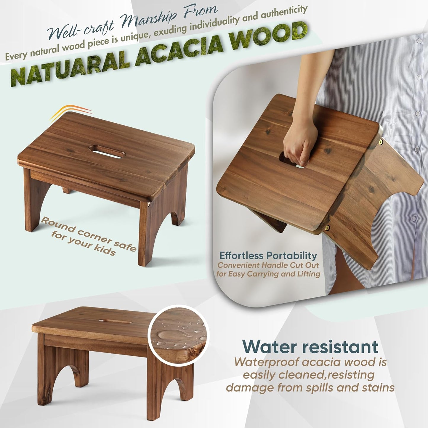 Wooden Step Stool, 9in One Step Stool for Adults, Wooden Beside Step Platform with 550 Load Capacity, Heavy Duty/Portable/Nonslip/Durable Construction Safe Step Support for Bedroom/Home Kitchen