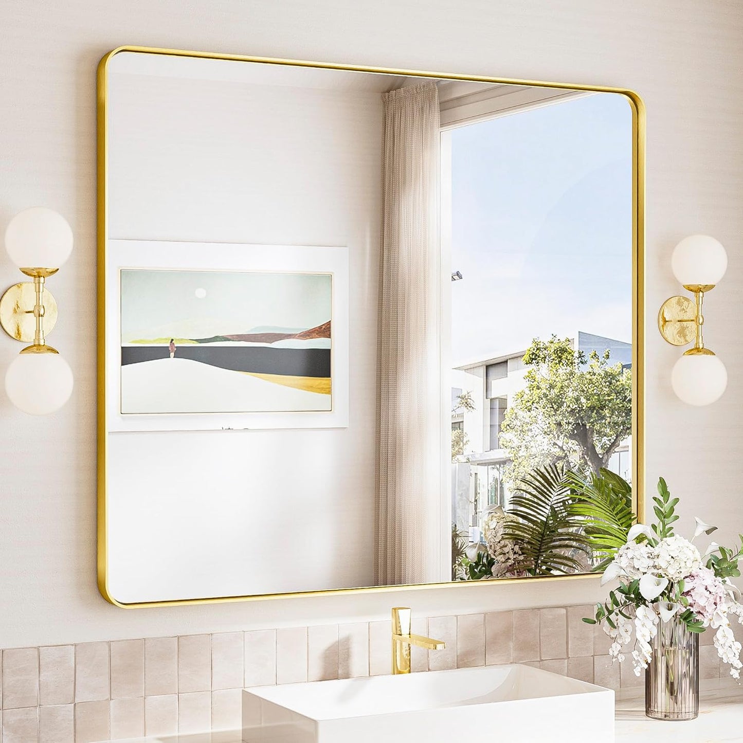 TokeShimi 42x36 Brushed Gold Bathroom Mirror for Over Sink,Bathroom Vanity Mirror with Tempered Glass, Modern Framed Wall Mirrors(Horizontal/Vertical)