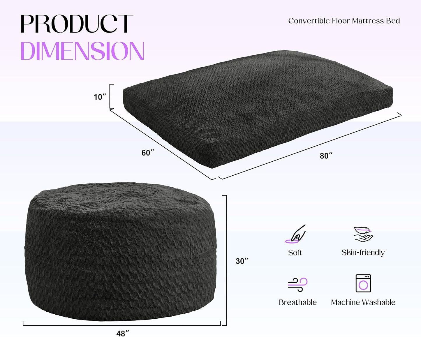 Hobestluk Bean Bag Chair Convertible Beanbag Chairs for Adults, 3 in 1 Bean Bags with Plush Chevron Cover, Adult Bean Bag Chair for Living Room, Bedroom (Black, Queen)