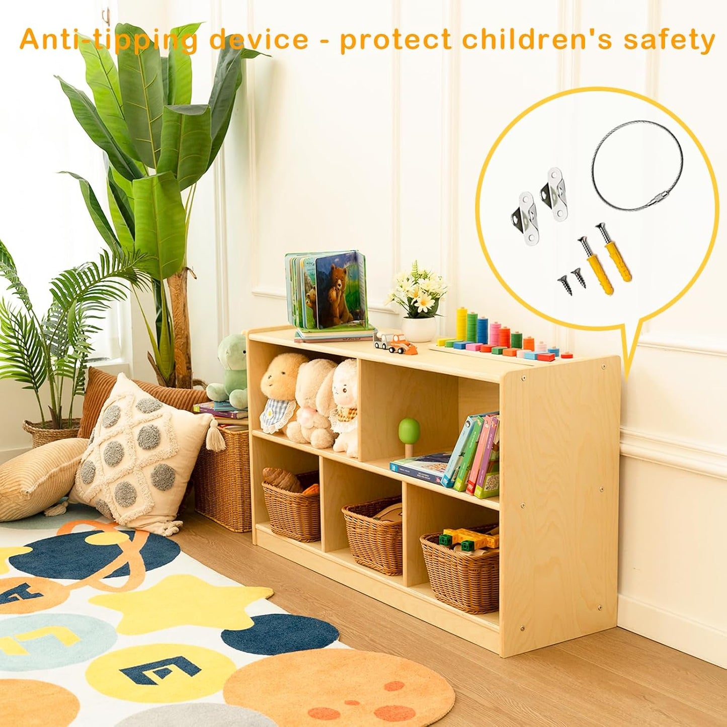 Kids Bookshelf and Toy Storage Shelf, Wooden Montessori Bookshelf, 2-Tier Toy Shelf with 5 Cubby, Classroom Furniture, Birch Children Bookcase, Book Shelf for Kids Room, Nursery, Playroom