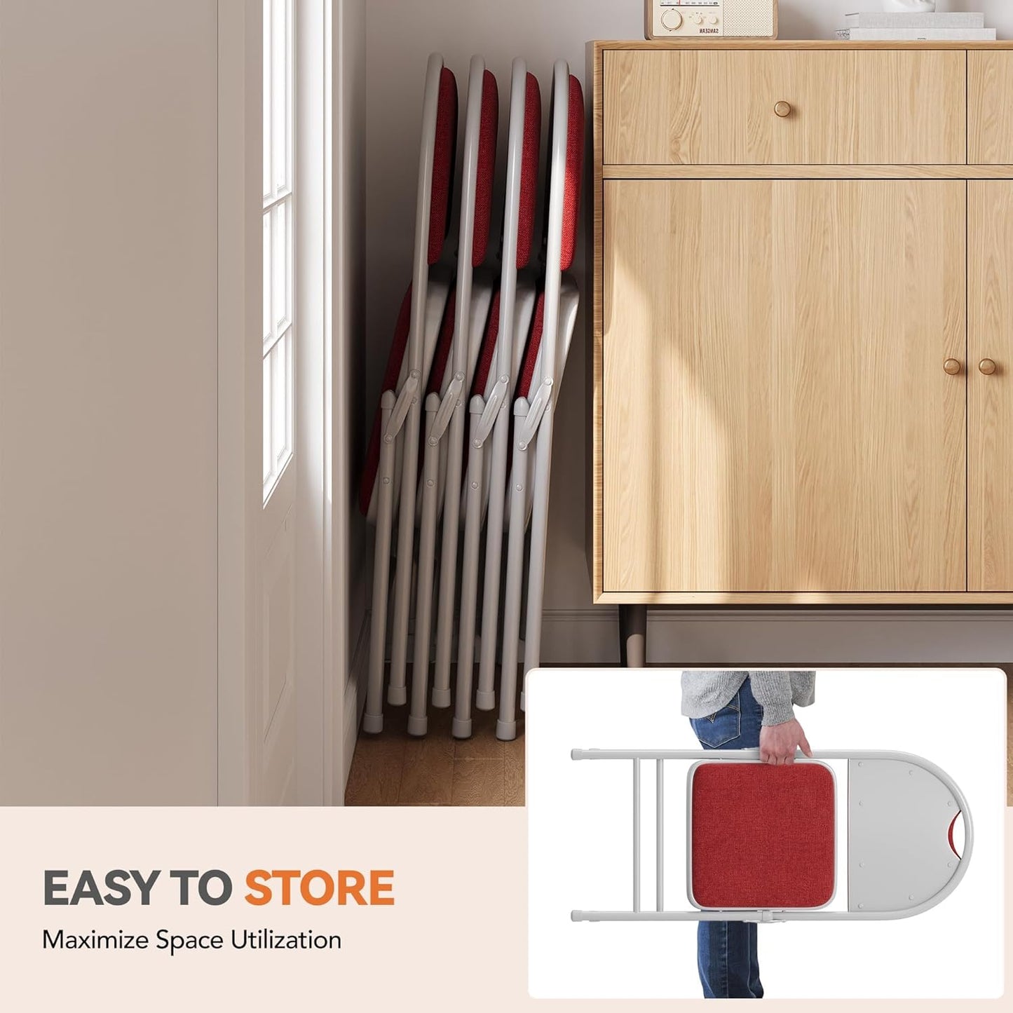 GarveeHome 2 Pack Folding Chairs with Fabric Padded, Metal Foldable Chair Linen Cushion and Back for Indoor Outdoor, Commercial Stackable Guest Chairs for Camping, Dining Room, Office, Wedding, Red