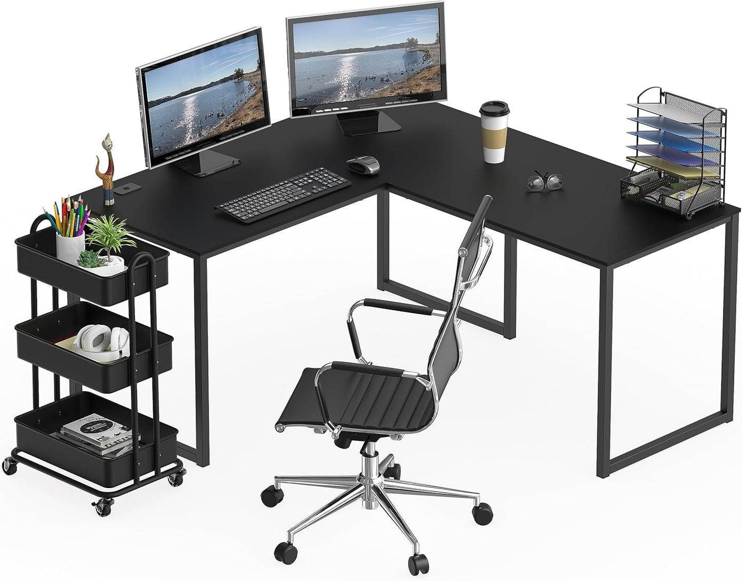 SHW Mission 55 x 60 Inches L-Shape Home Office Computer Desk, Black
