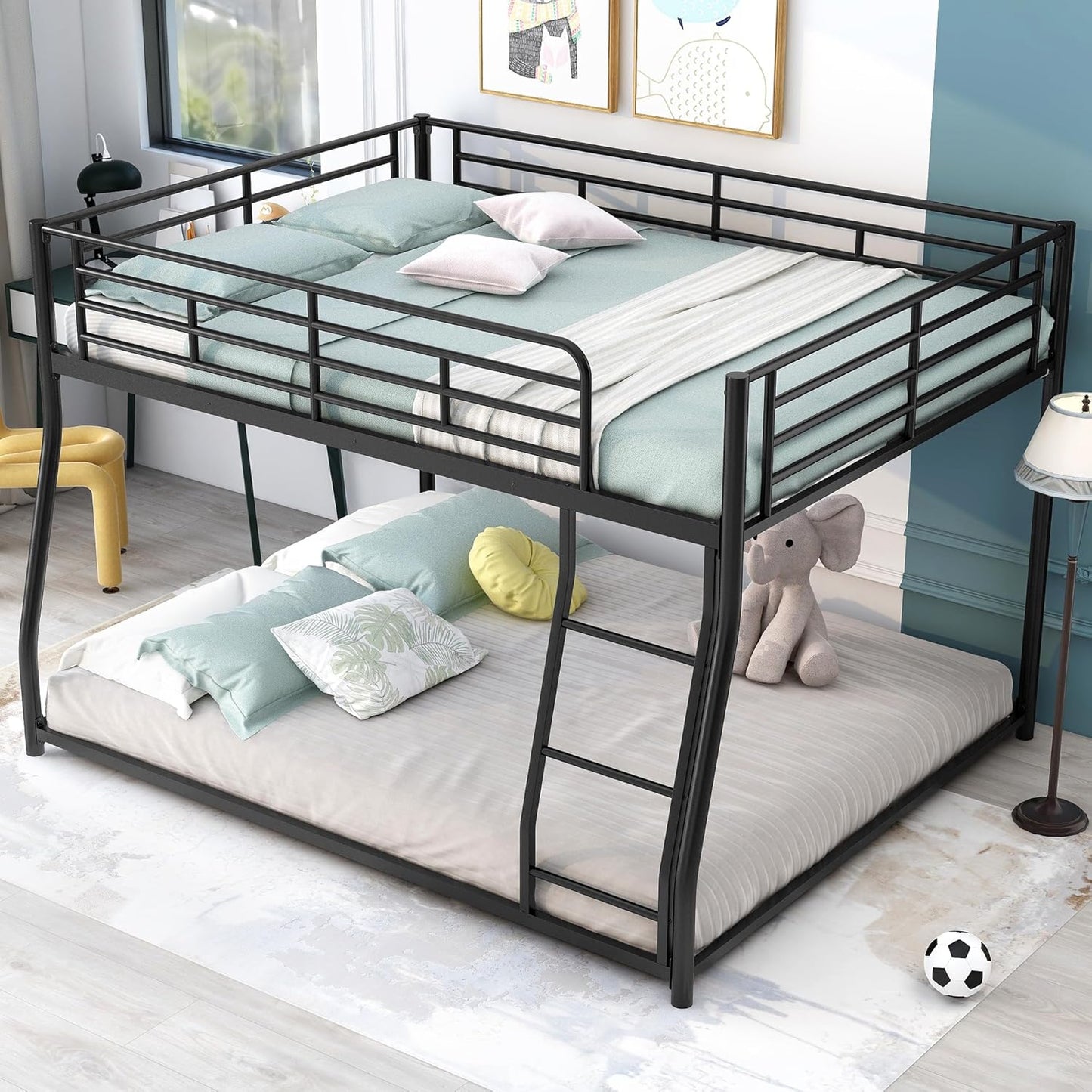 Full XL Over Queen Metal Floor Bunk Bed with Sloping Stairs and Safety Guardrails for Bedroom,Guest Rooms, No Box Spring Needed, Simple to Assemble,Black
