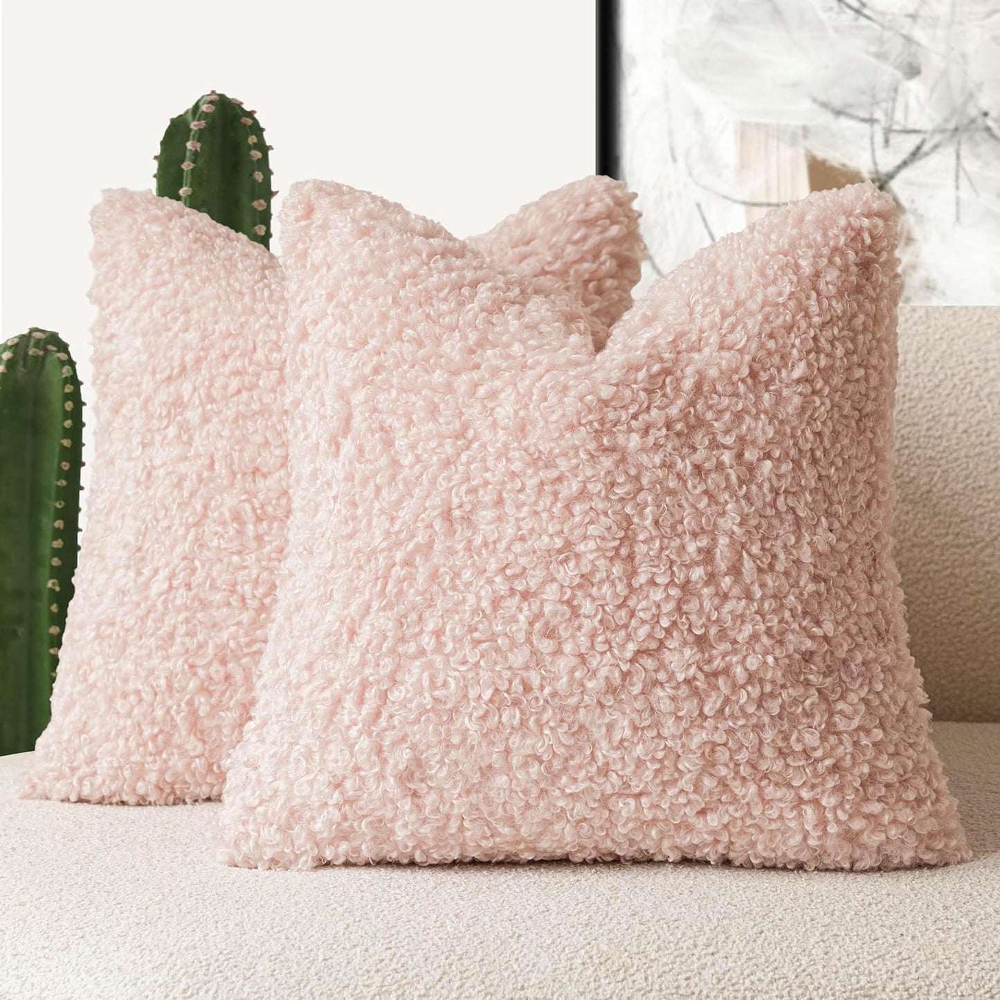 Foindtower 2 Pieces 26x26 Inch Light Pink, Faux Fur Throw Pillow Cover Accent Sherpa Furry Pillow Covers Fuzzy Soft Pillowcases Cozy Sheepskin Decorative Fleece Cushion Case for Bed Couch Living Room