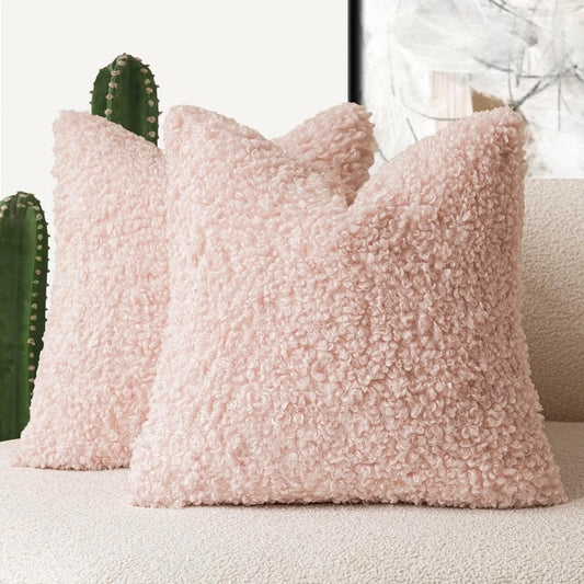 Foindtower 2 Pieces 22x22 Inch Light Pink, Faux Fur Throw Pillow Cover Accent Sherpa Furry Pillow Covers Fuzzy Soft Pillowcases Cozy Sheepskin Decorative Fleece Cushion Case for Bed Couch Living Room