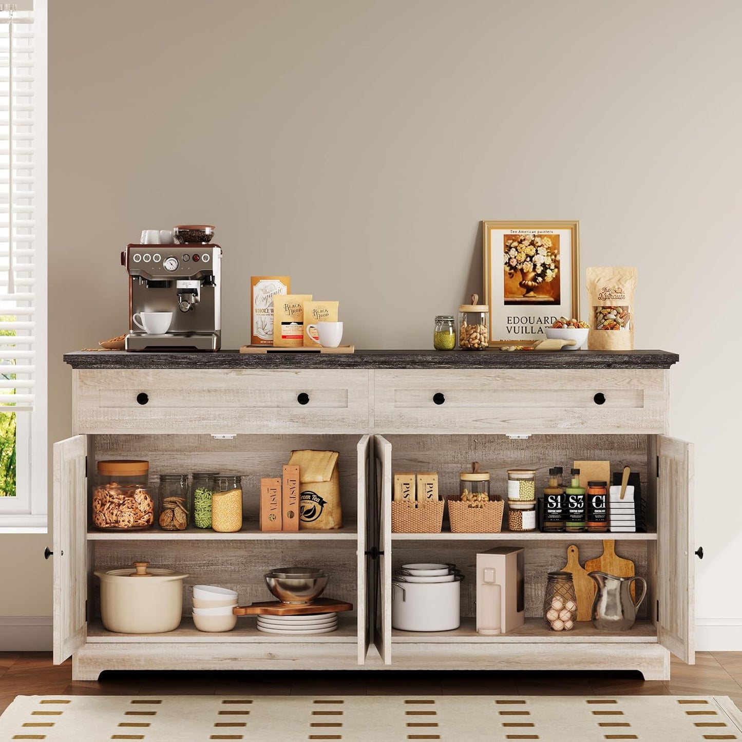 IRONCK Buffet Cabinet with Storage, Sideboard Storage Cabinet, Kitchen Cabinet with Drawers and Doors, Charcoal Grey and Beige Maple