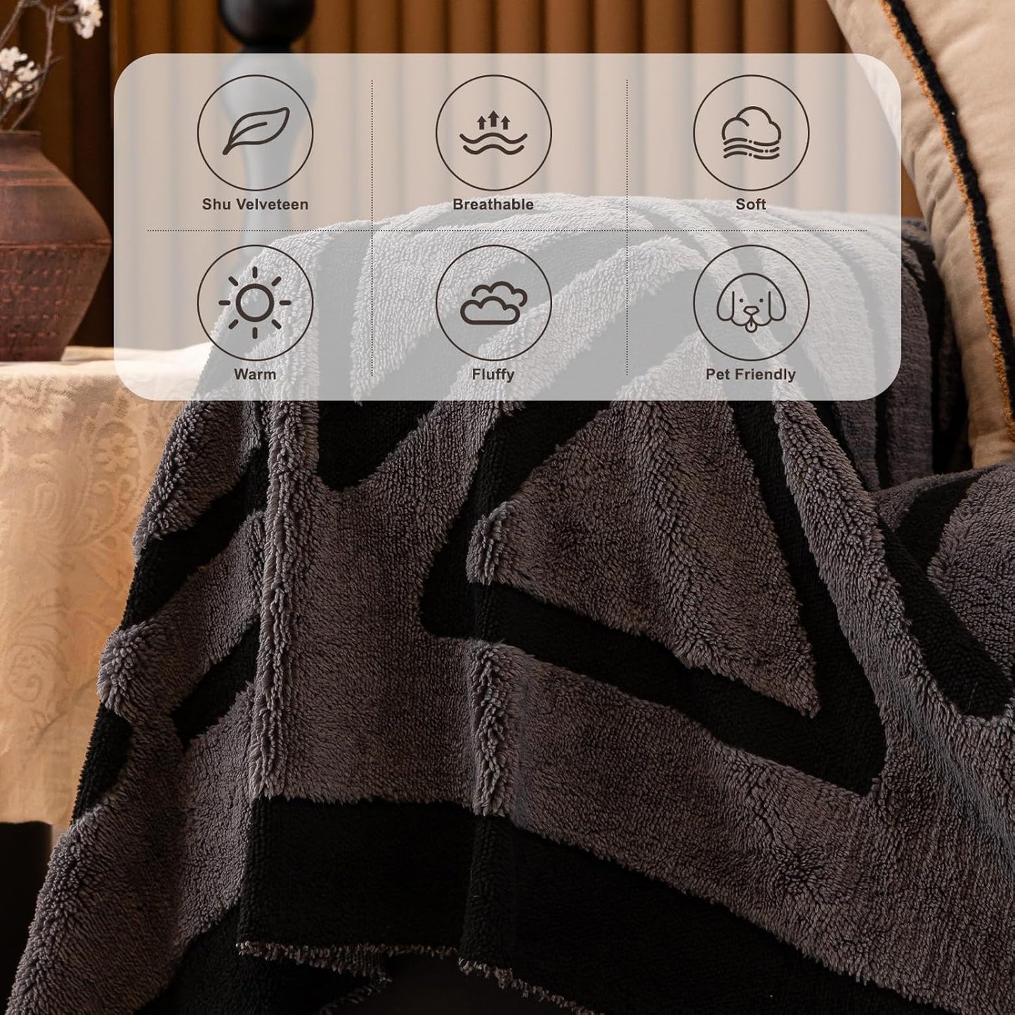 HANDONTIME Dark Grey Sofa Cushion Covers Boho Couch Sofa Covers Short Plush Couch Cover for Sofa Shu Velveteen Couch Sofa Slipcover for Pets Black Geometric Sofa Cover Washable Warm Soft, 71" X134"