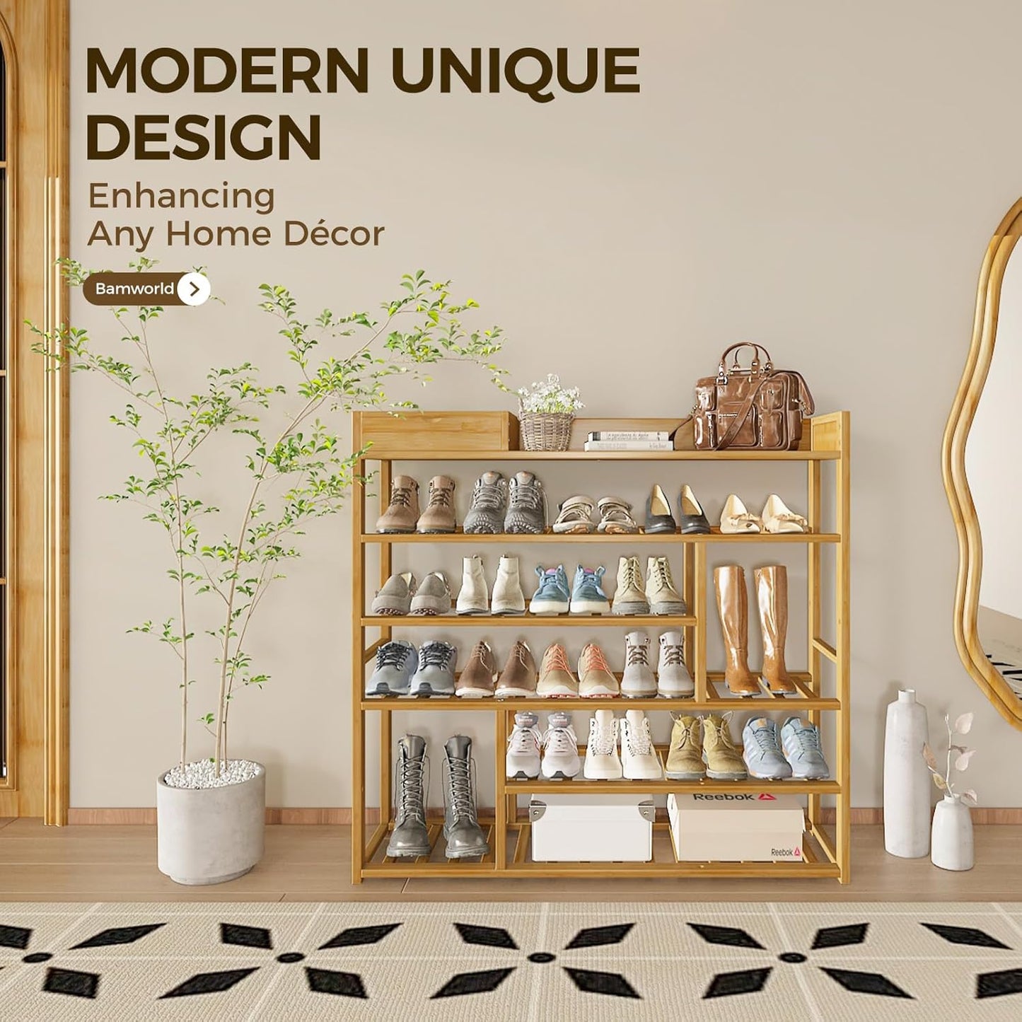 Bamworld Shoe Rack for Front Door Entrance Bamboo Shoe Organizer with Storage Box Free Standing Shoe Cabinet Shoe Storage Shelf for entryway, Closet and Doorway (Natural)