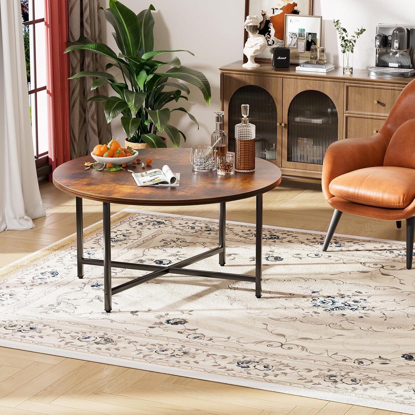 Round Coffee Table, 31.5" Circle Coffee Table，Modern Round Coffee Tables Living Room, Large Coffee Table Round for Indoor & Outdoor Use, Office, Patio or Garden, Rustic Brown (31.5" D*17.7" H)