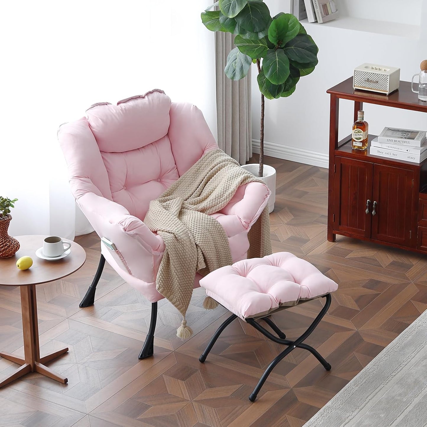 Lazy Chair with Folding Ottoman, Modern Accent Lounge Armchair with Armrests and a Side Pocket & Foldable Footstool, Leisure Reading Chair for Living Room, Bedroom, Dorm & Office, Pink