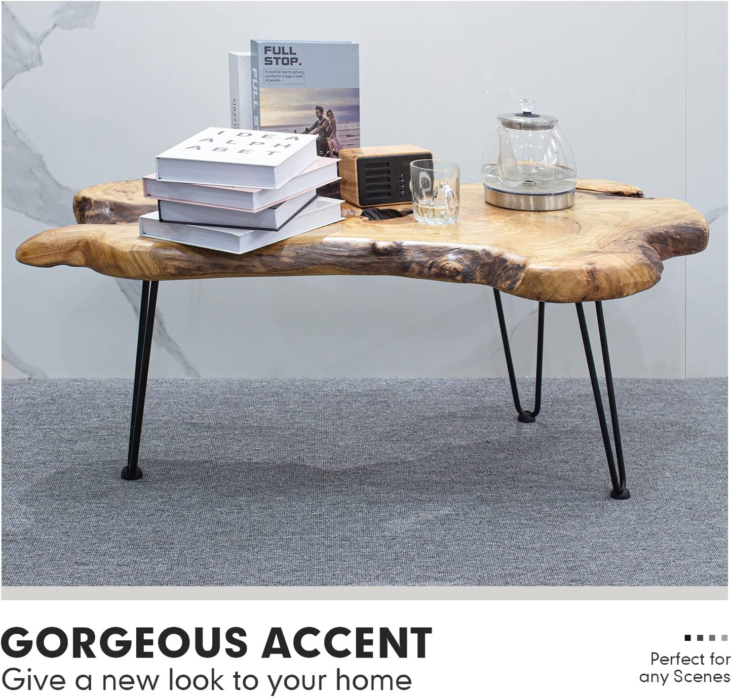 Natural Wood Edge Contemporary Coffee Cocktail Table, Live Edge Coffee Table,Living Room Coffee Table with Clear Lacquer Finish and Metal Hairpin Legs,Unique Desktop