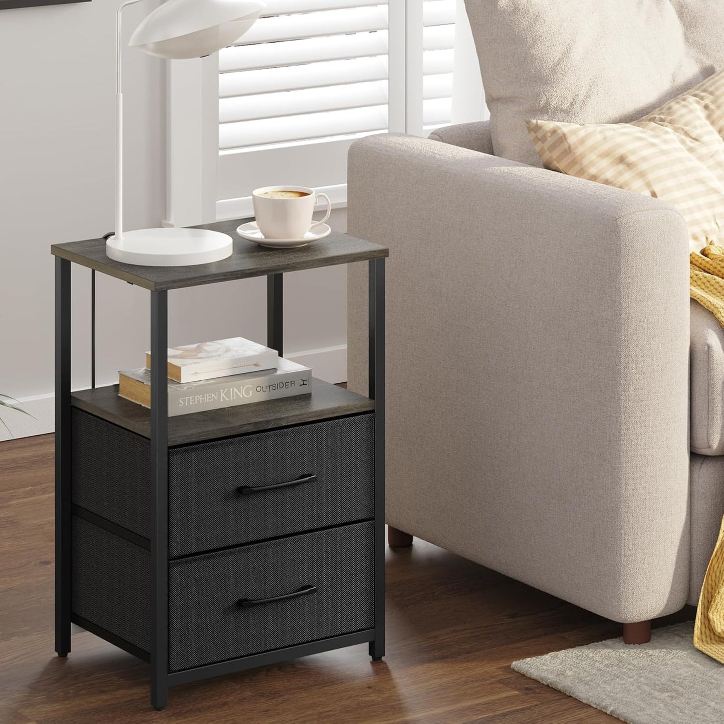 TUTOTAK End Table, Night Stand, Side Table, Nightstand with Cloth Drawer, Bedside Table for Livingroom, Bed Room, Charcoal Grey TB01BY087