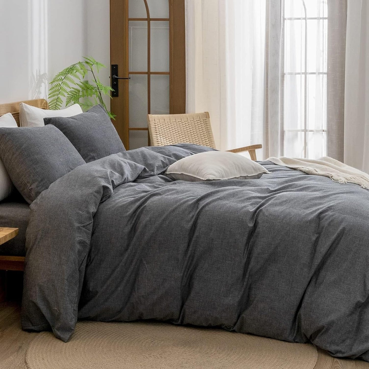 BESTOUCH Duvet Cover Set 100% Washed Cotton Linen Feel Super Soft Comfortable Chic Lightweight 3 PCs Home Bedding Set Solid Dark Black Oversized Full