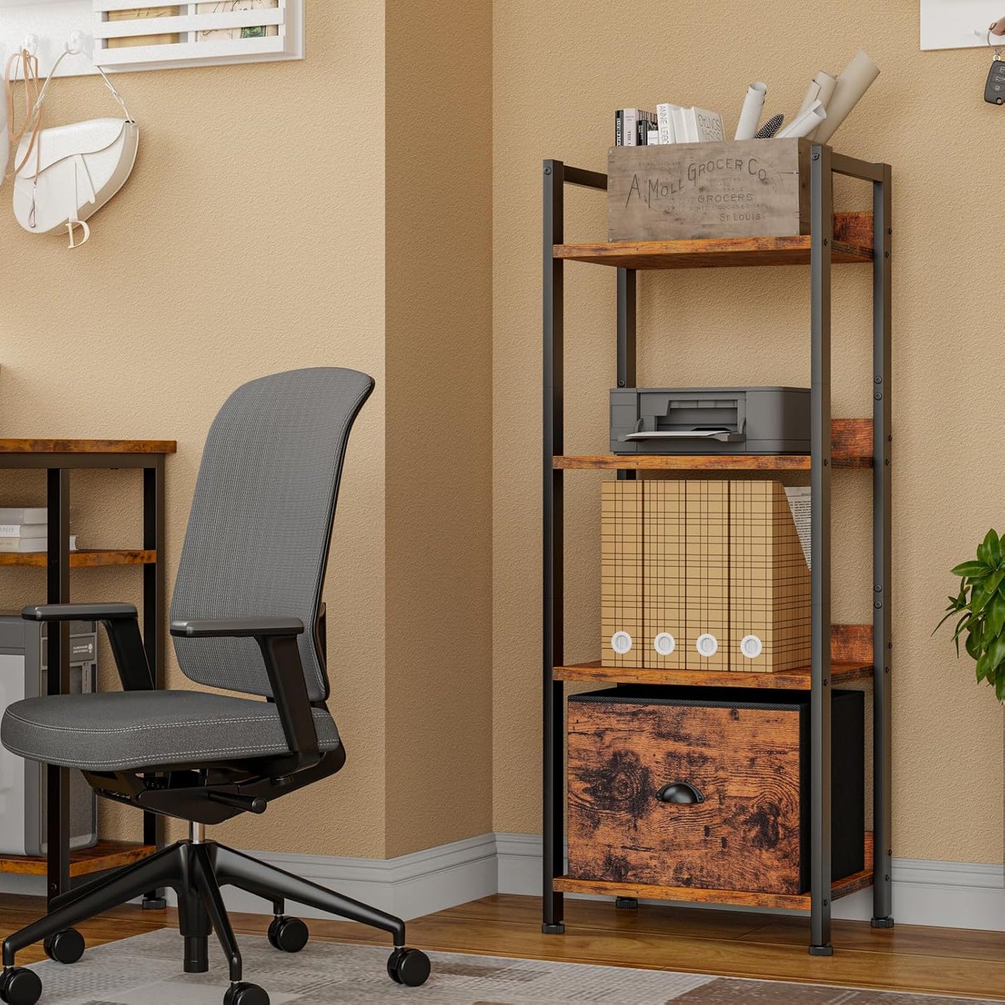 Furologee 4 Tier Bookshelf with Drawer, Tall Bookcase with Shelves, Narrow Bookshelves Storage Organizer, Wood and Metal Display Standing Shelf Unit for Bedroom, Living Room, Rustic Brown