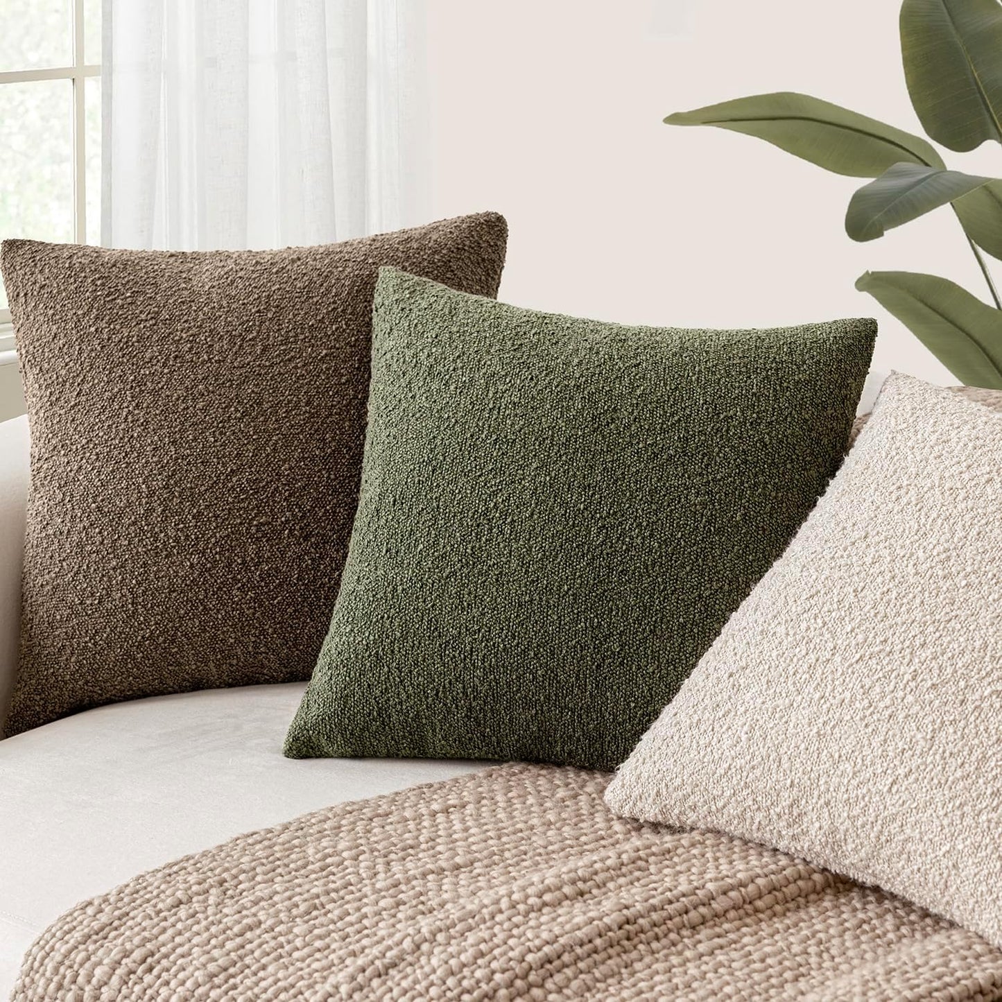 Foindtower Set of 2, Decorative Textured Boucle Throw Pillow Covers Accent Solid Pillow Cases Soft Cozy Couch Cushion Case for Chair Sofa Bedroom Living Room Home Decor 26x26 Inch Light Brown