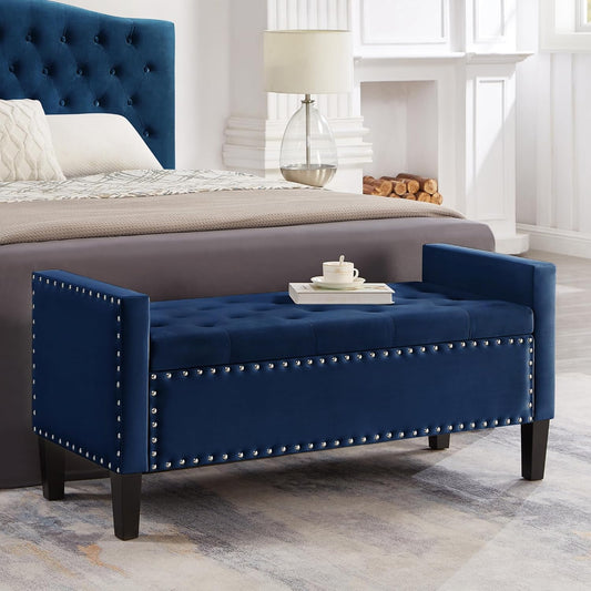 Velvet Storage Ottoman with Armrests and Nails Trim,Entryway Living Room Soft Padded Seat,Bed Bench Bedroom End of Bed,Navy (48”L X 18.5” W X 22” H)
