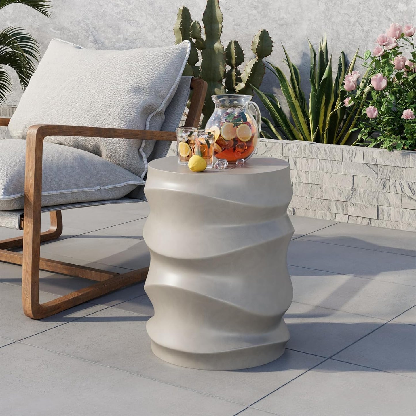 COSIEST Set of 2 Outdoor Side Table, 2 Pieces Concrete Table for Patio, Streamlined Lightweight Accent Decorative Patio Garden Stools, Plant Stand Drum Table, Round, Grey