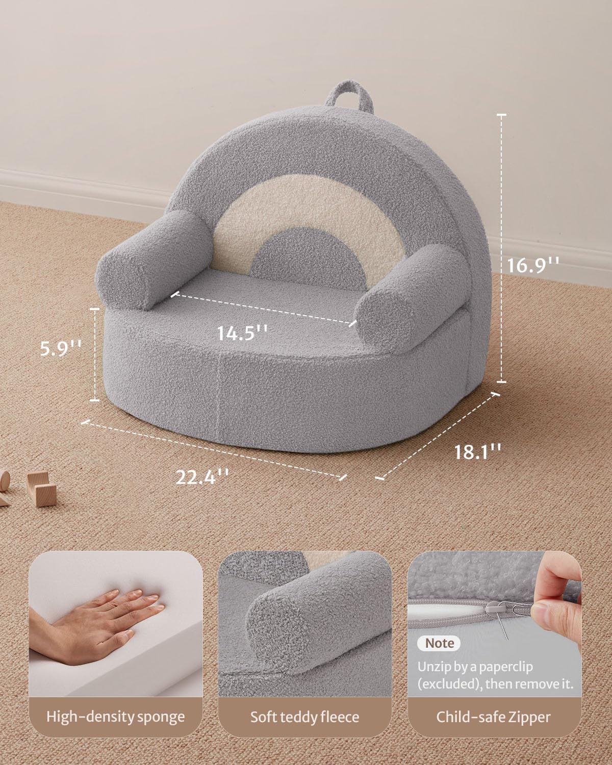 Blissful Diary Toddler Chair Comfy, Foam Kids Chair with Soft Teddy Plush, Toddler Reading Armchair for 1 2 3+ Year Old Girls Boys Baby Birthday Gift, Light Gray Arclet