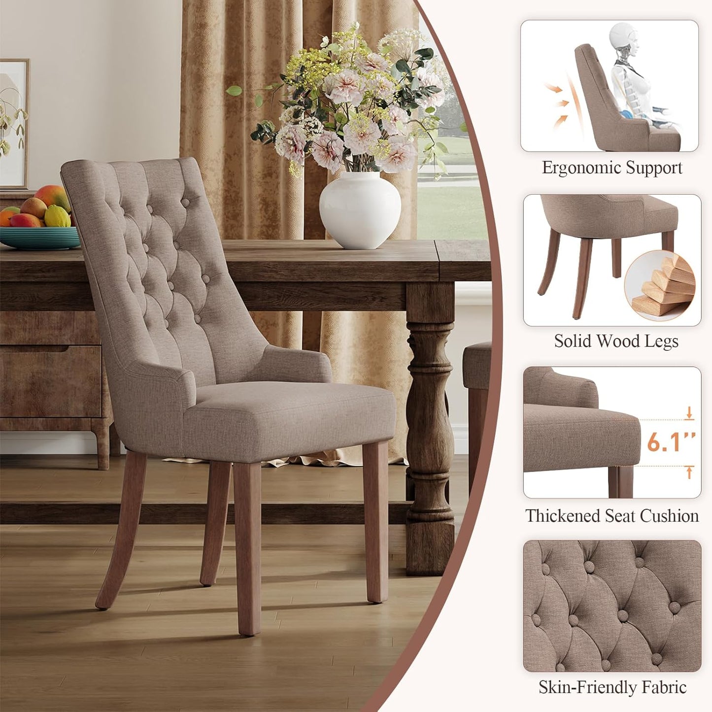 COLAMY Wingback Upholstered Dining Chairs Set of 4, Fabric Side Dining Room Chairs with Tufted Button, Living Room Chairs for Home Kitchen, Taupe