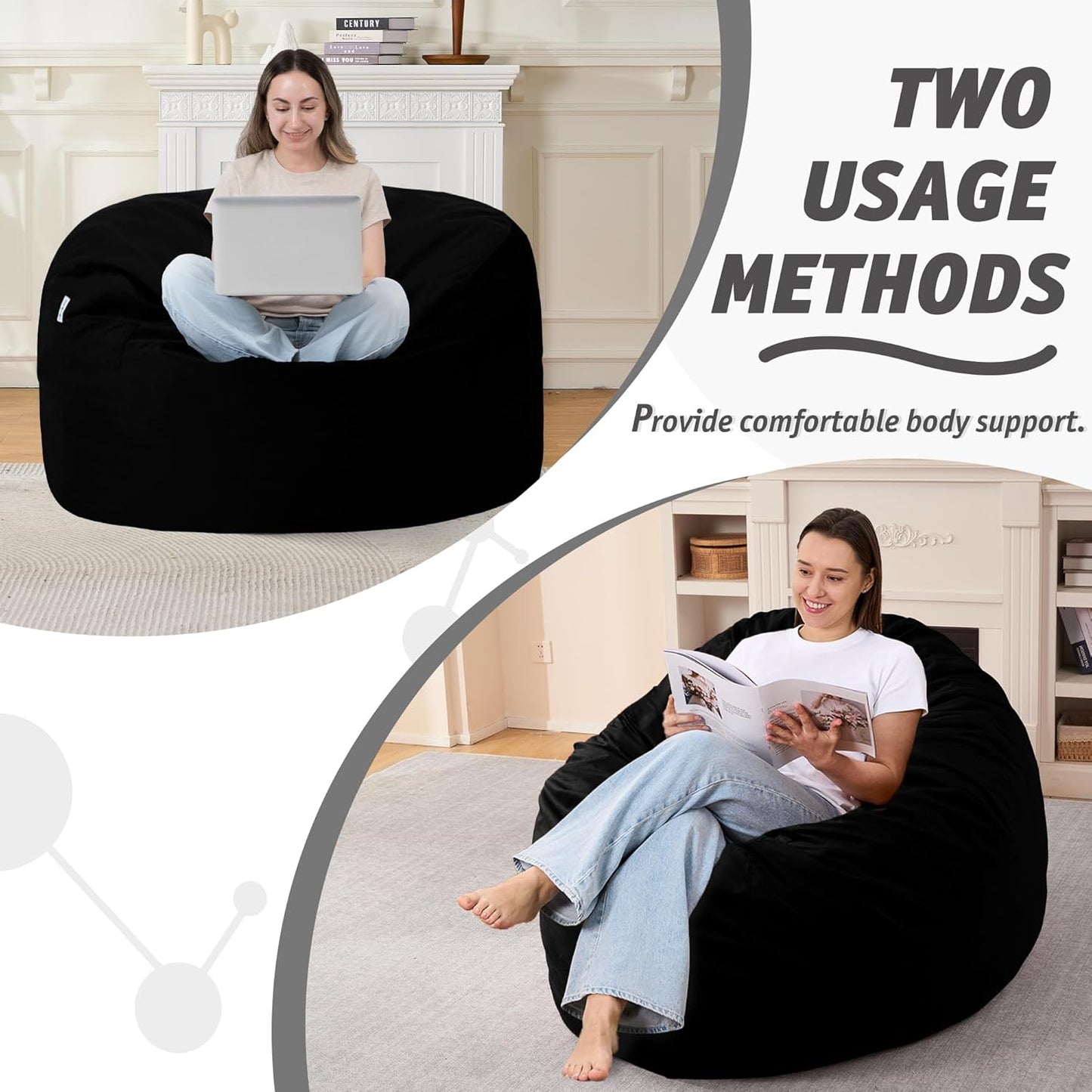 3FT Bean Bag Chair with Ultra Soft Velvet Cover Bean Bag Sofa with Memory Foam Bean Bag Chairs with Large Size Lazy Sofa for Dorm Office Living Room Bedroom Black 3'