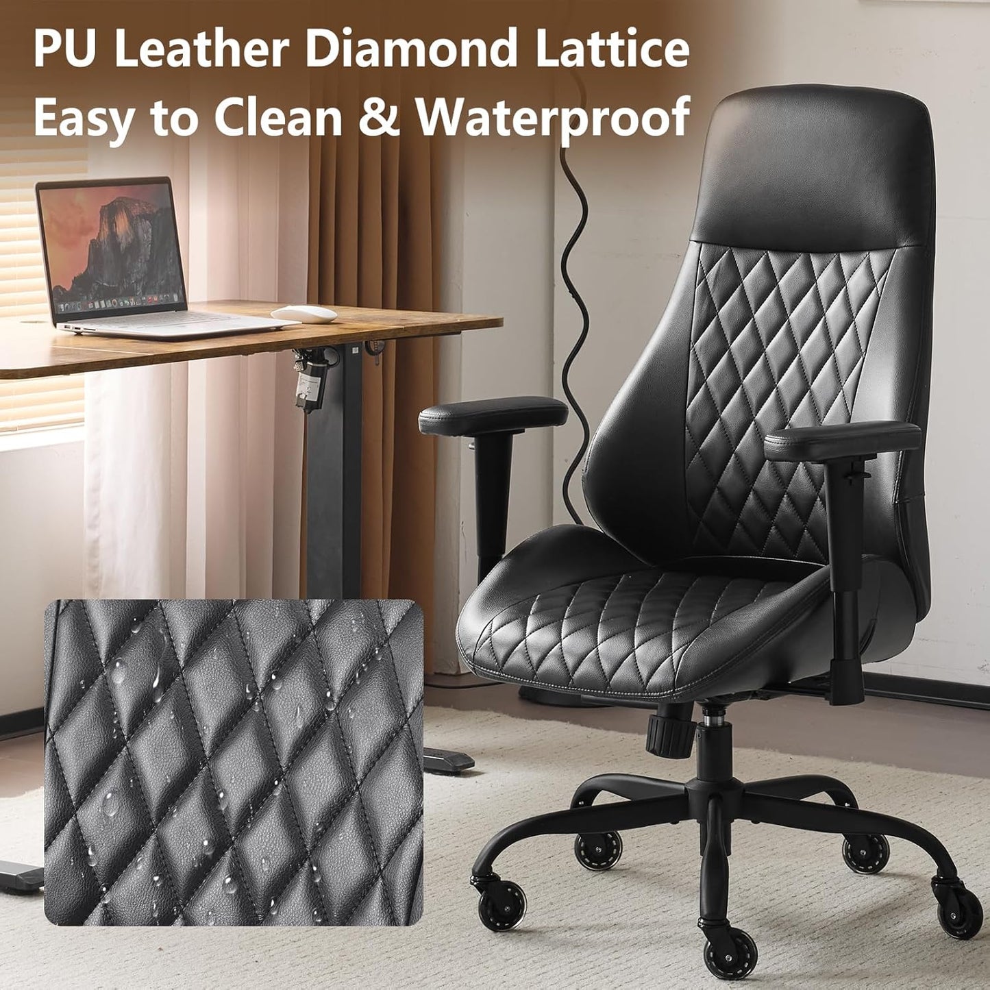 YFO Home Office Desk Chair High Back Office Rubber Chair Casters Ergonomic Computer Chair with Lumbar Support Adjustable Height Rolling Swivel Chair Executive Task Armrests, Black PU