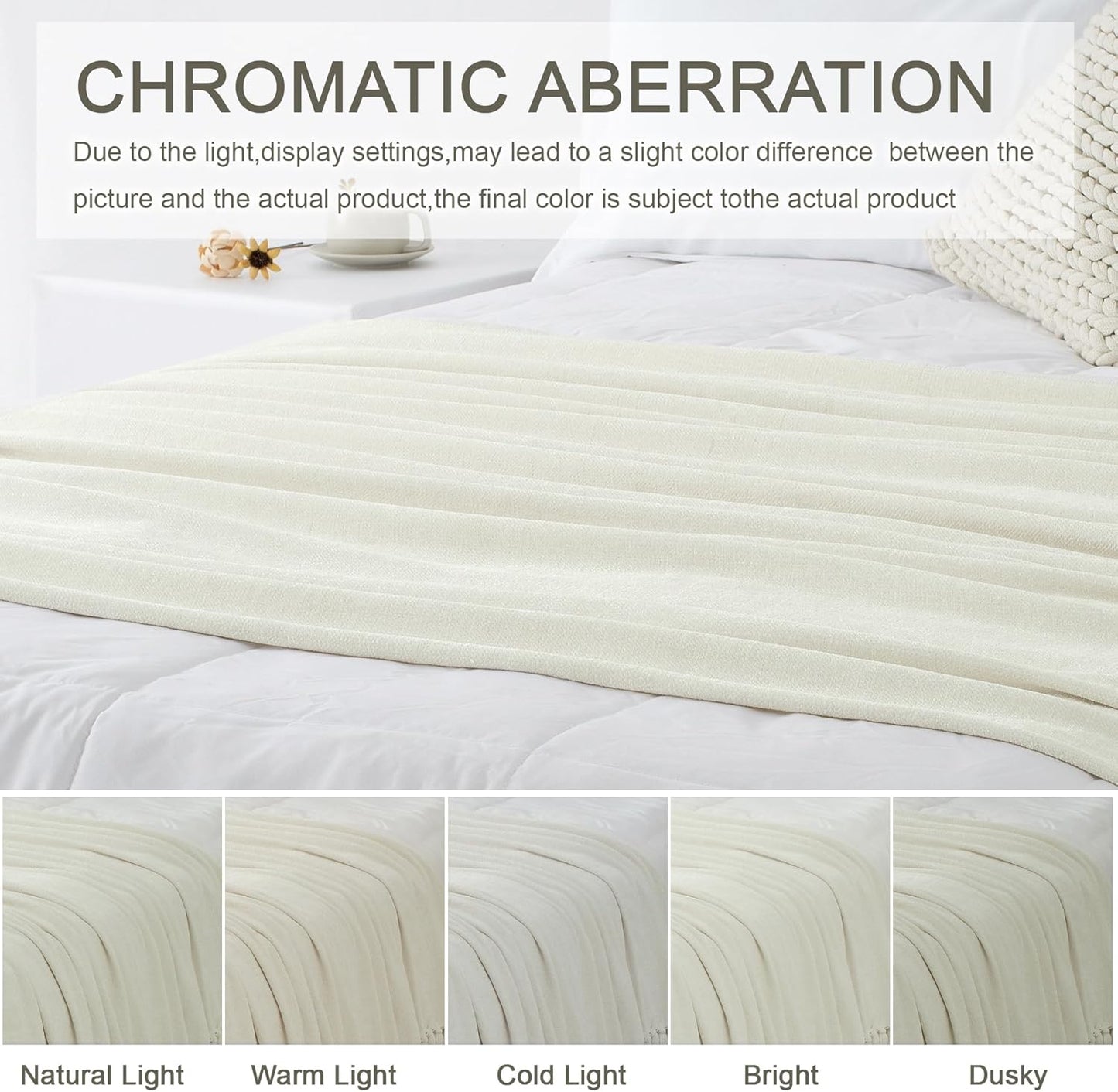 Chenille Throw Blanket for Couch 60"X 80" Twin, Soft Cozy Throws with Fringe Tassel for Bed Sofa Chair Cover, Lightweight Knitted Decorative Boho Blankets for Living Room, Ivory White