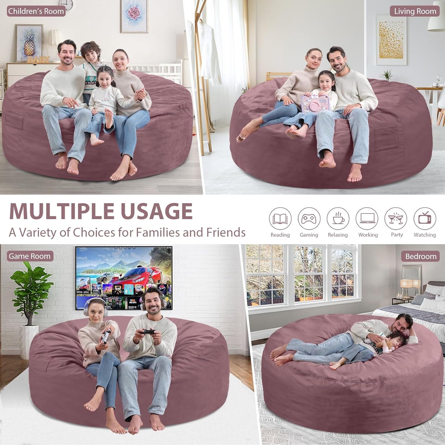 6FT Bean Bag Chair, Large Bean Bag Chairs with Memory Foam Filled, Fluffy Beanbag Sofa with Dutch Velvet Cover, Round BeanBag Chairs for Living Room, Playroom - Dusty Pink