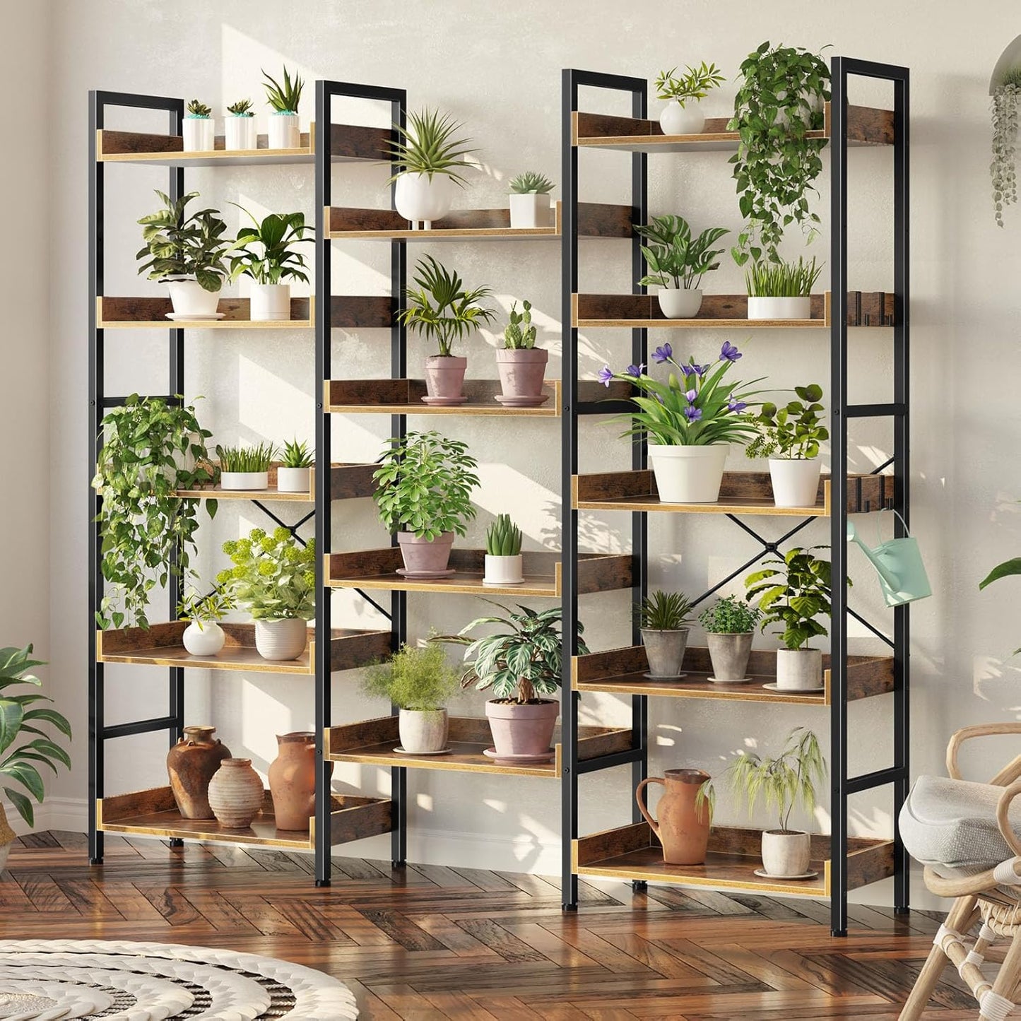Rolanstar Bookshelf 5 Tiers, Triple Bookcase with Open Display Shelves, Industrial Wide Bookshelf with Metal Frame for Living Room, Office, Rustic Brown