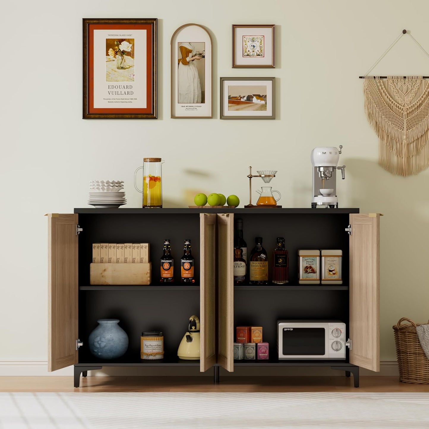 Sideboard Buffet Cabinet with Storage, 4 Doors Rattan Kitchen Cabinet with Adjustable Shelf, Accent Sideboard Entryway Table for Living Room, Black