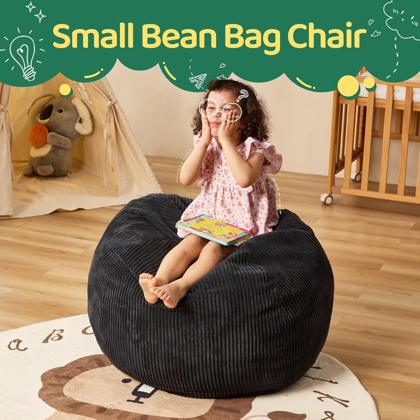 Bean Bag Chairs Teardrop Bean Bag Chair Beanbag Chair with Memory Foam Filled Machine Washable Cover for Living Room, Bedroom (Small,Black)