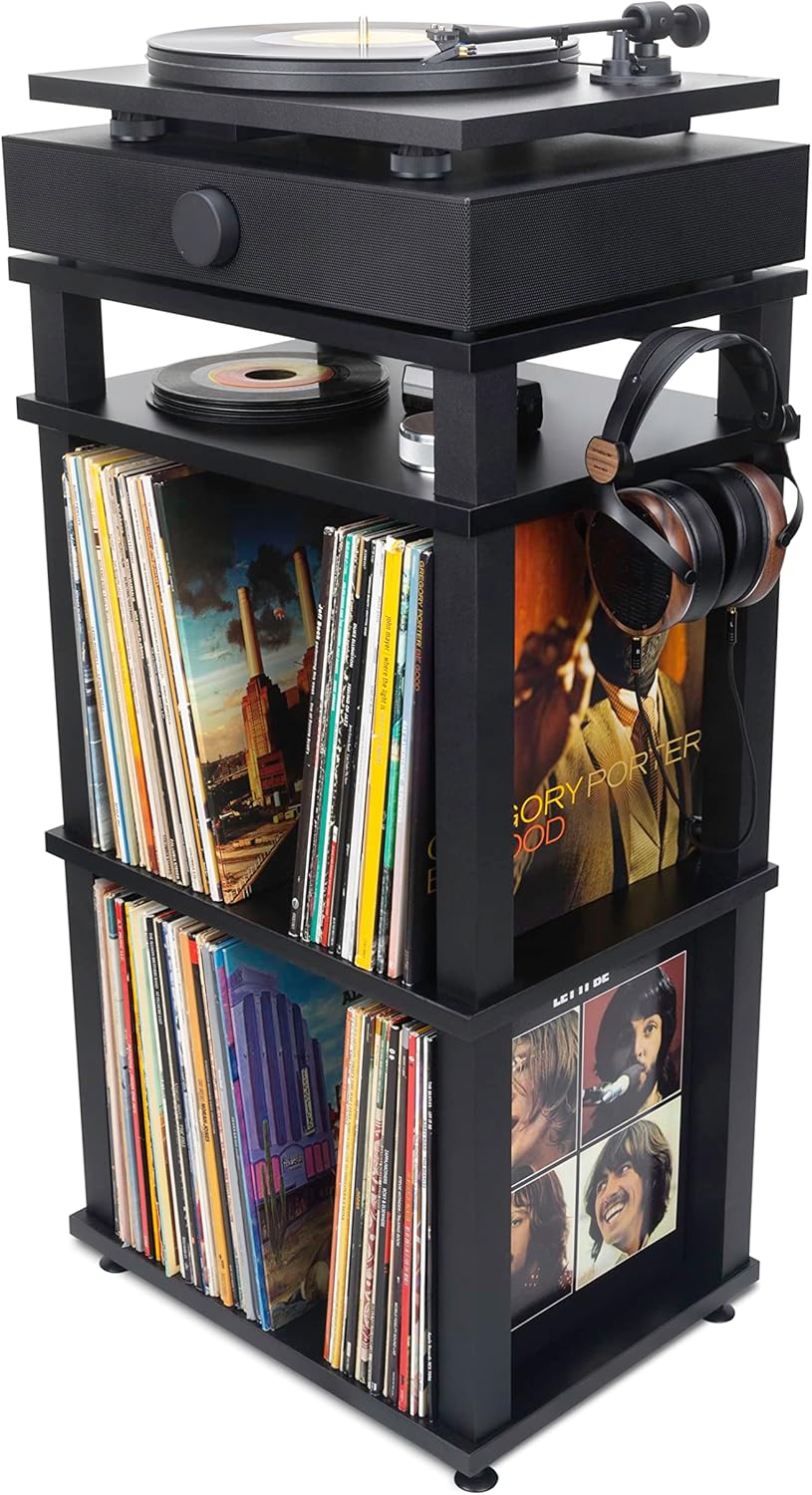 Andover Audio SpinStand Rack for Records and Audio Components - Metal-Reinforced, Holds 150 LPs, Optimum Height & Storage Space, Ideal for Turntables, Vinyl, SpinBase Systems (Black)